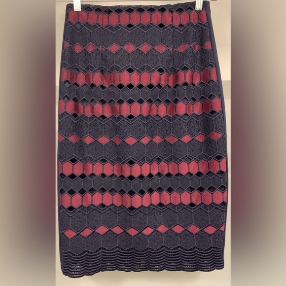Calvin Klein Dresses & Skirts - NWT, Calvin Klein, Pencil Skirt w/ Burgundy & Navy Blue Lace Design, Size 2.